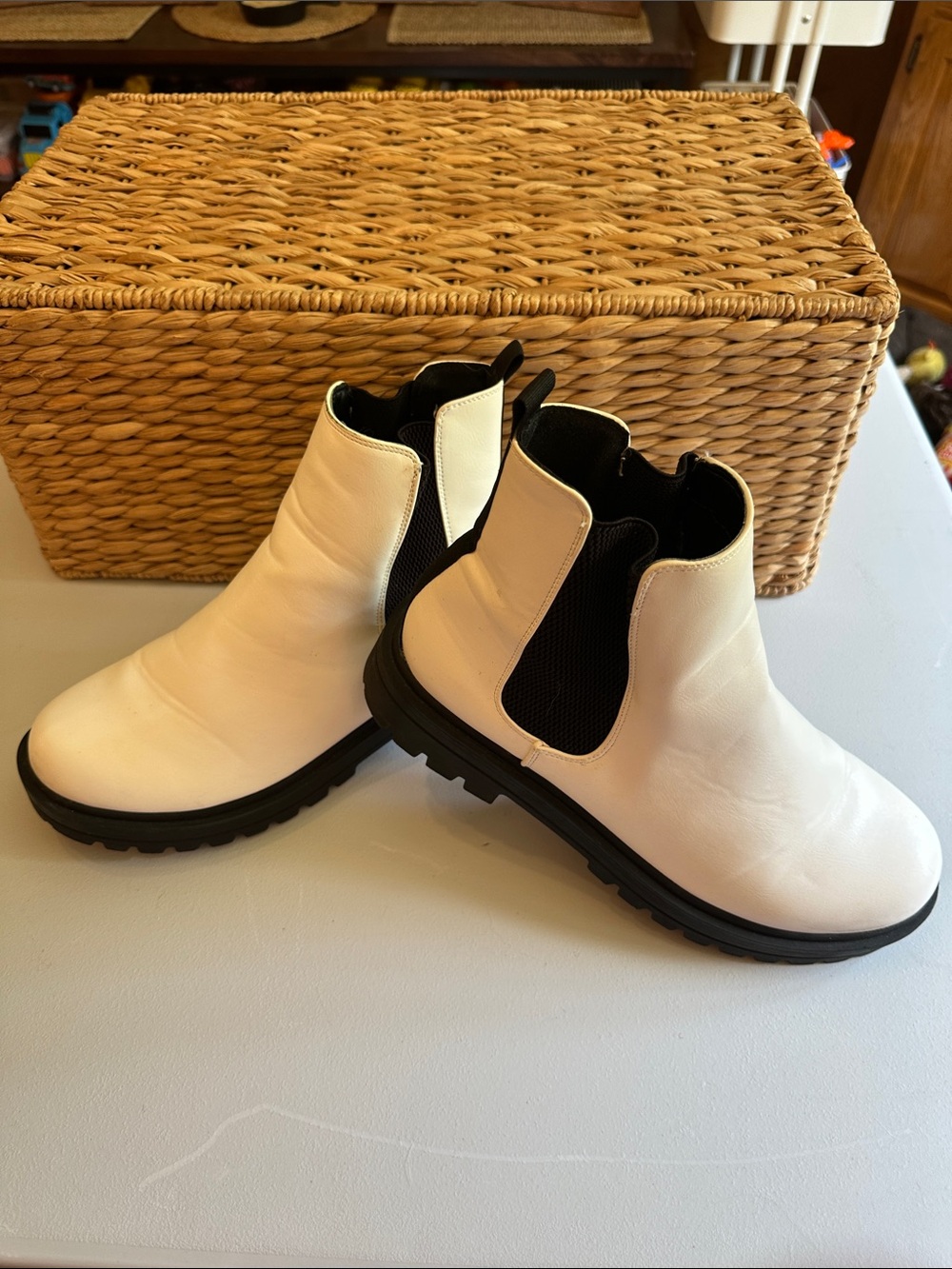 Women’s White Chelsea Ankle Booties with Black Elastic Panels
